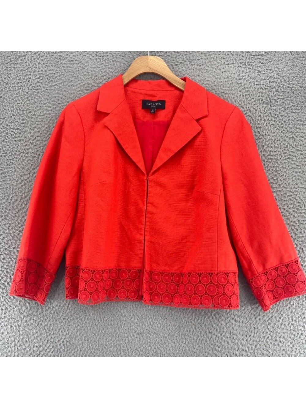 Talbots Blazer Womens 8 Petite Red Linen Cotton Lace Detail 3/4 Sleeve Cropped